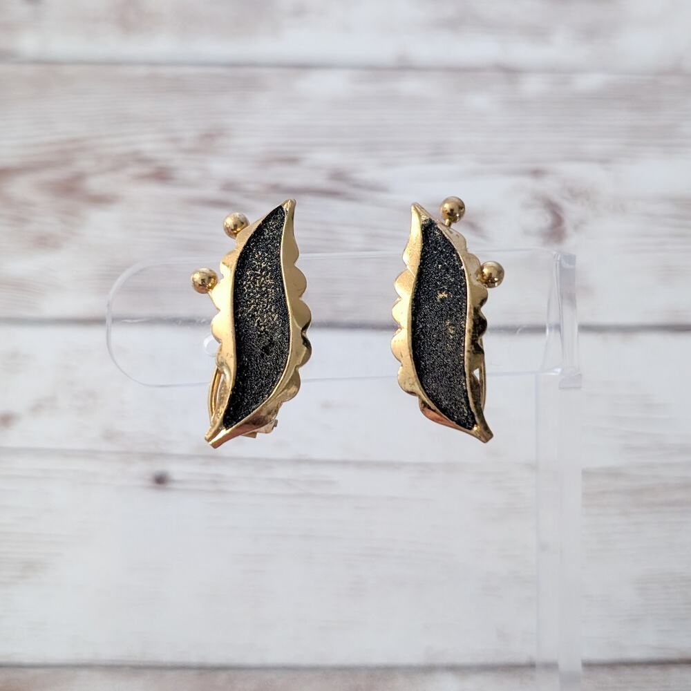 Vintage Clip On Earrings Unusual Black & Gold Tone 1.25" - Fair Condition